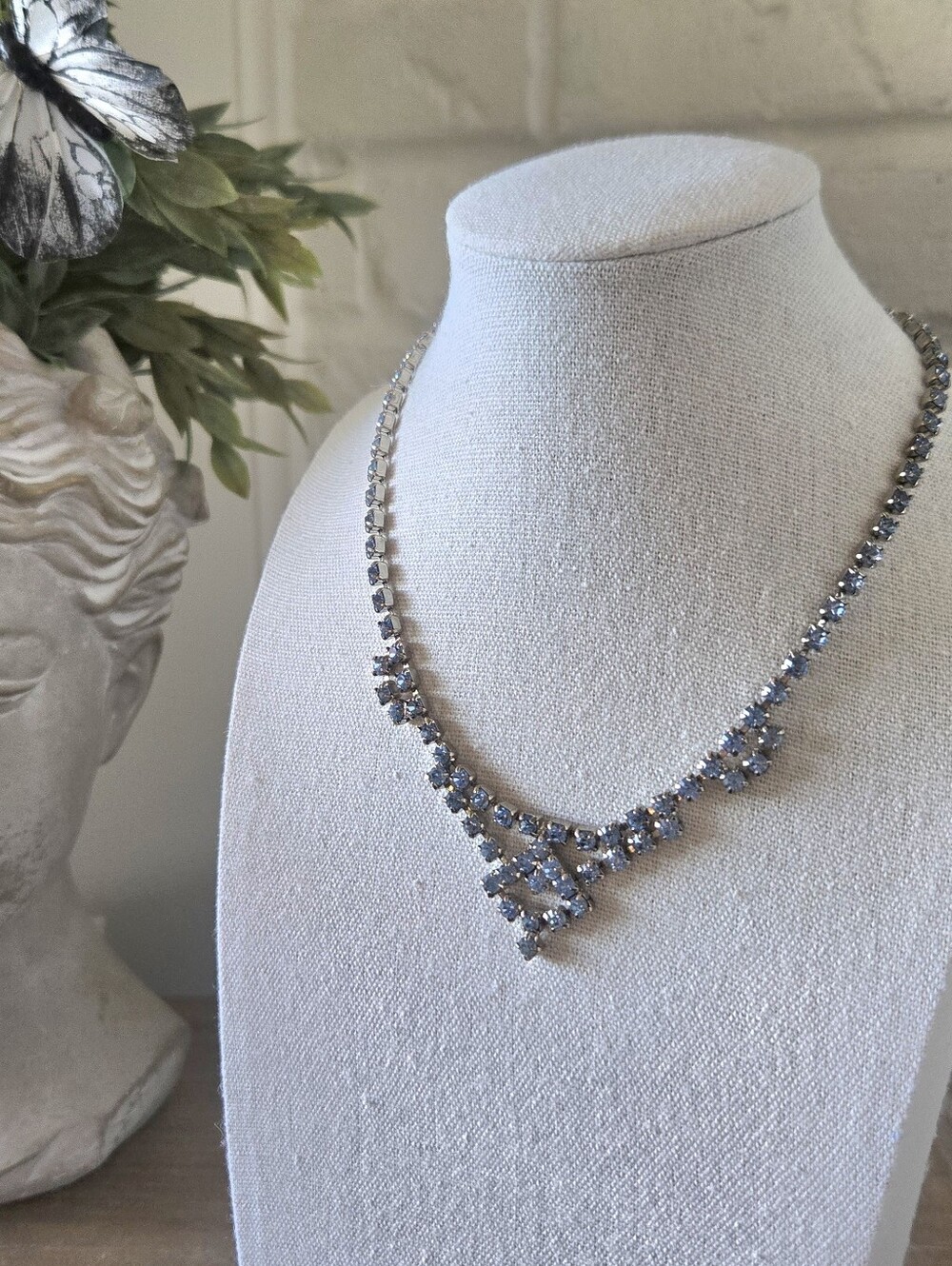 Vtg 50s Deco Style Blue Rhinestone Necklace, Collar, Choker, Party, Wedding